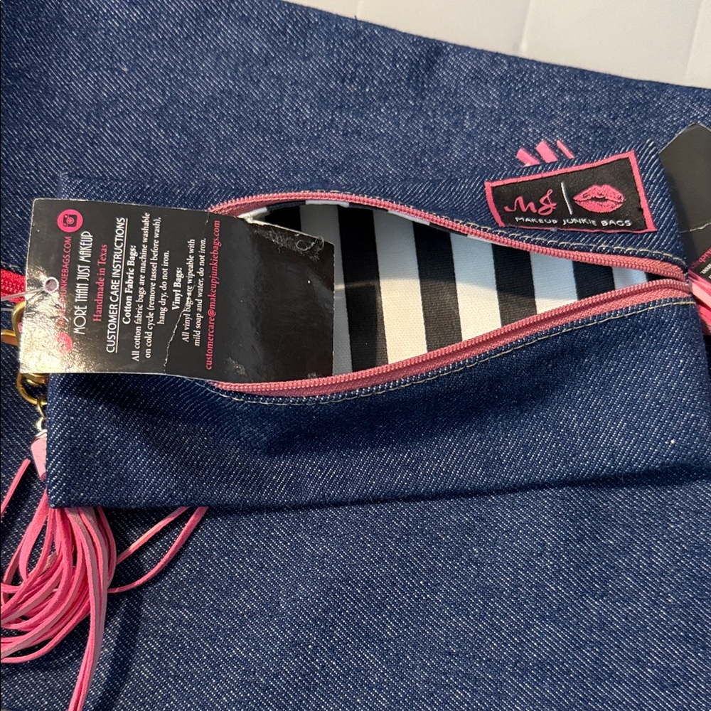 Makeup Junkie Bag: Denim with glam stripe inside. Mini